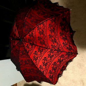 Black Red lace parasol umbrella vintage Victorian vintage  wood handle gothic